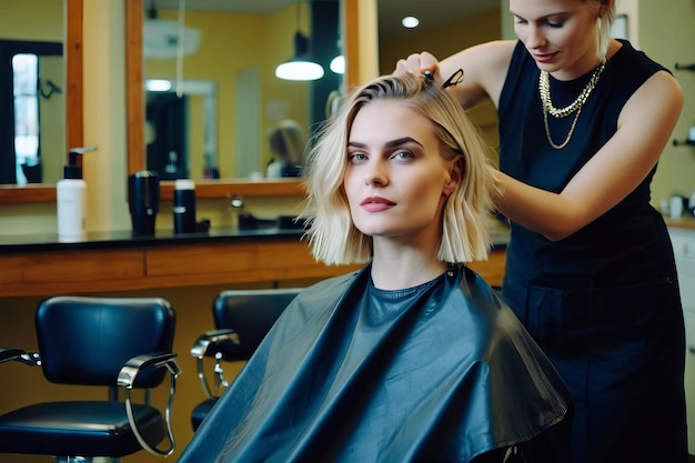 une belle mannequin blonde dans le salon de coiffure obtient une nouvelle coupe de cheveux teint ses cheveux et le style assis sur la chaise et parle au coiffeur