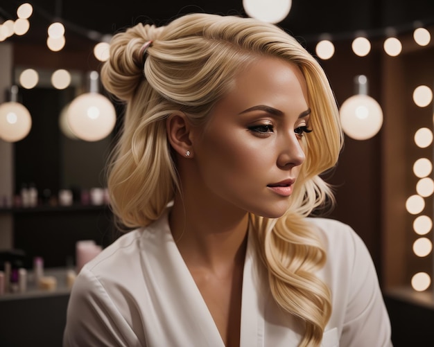 Photo une belle mannequin blonde avec du maquillage à l'intérieur du salon de coiffure.