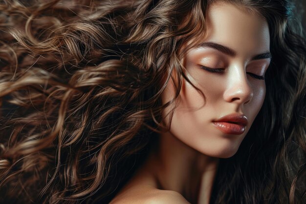 Photo belle mannequin brune avec de longs cheveux bouclés brillants