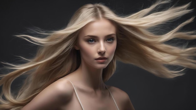 Belle mannequin avec de longs cheveux blonds lisses et volants isolés sur un fond de studio gris foncé