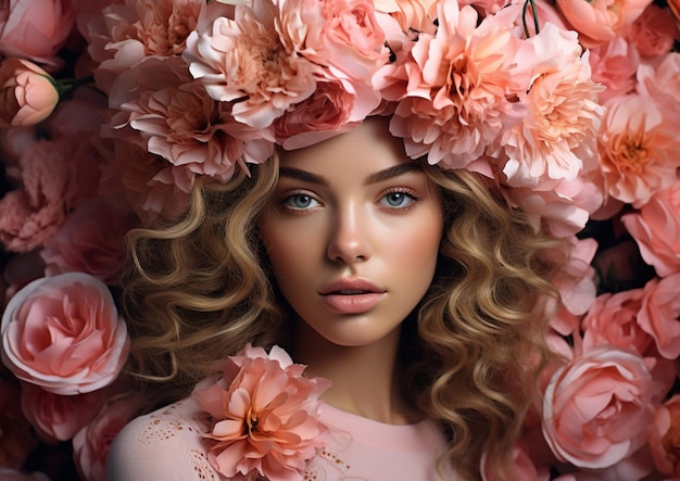 Belle mannequin avec maquillage et coiffure entourée de fleurs roses