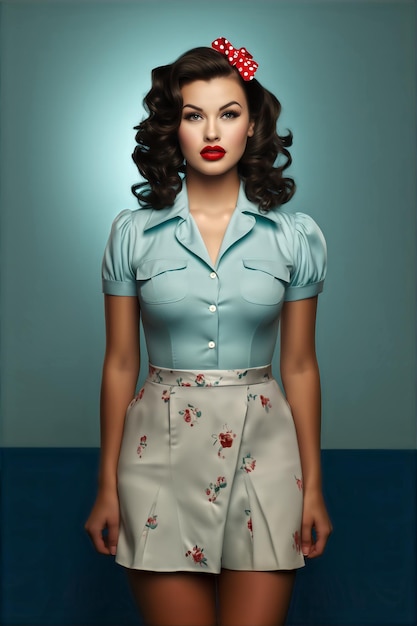 Belle mannequin pinup de style rétro des années 1940 femme brune portant une robe bleue fond neutre