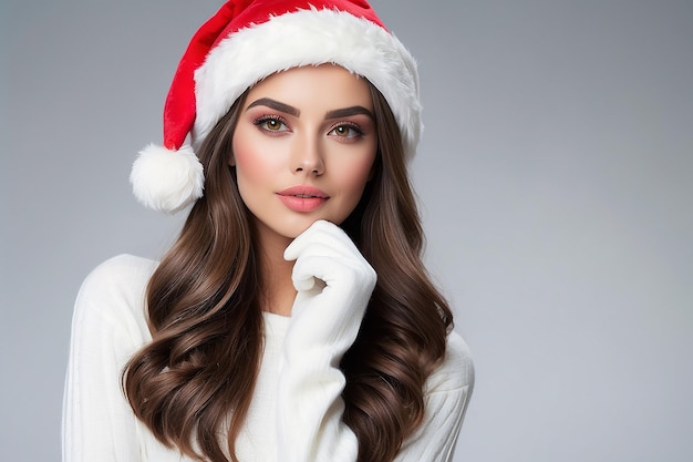 Une belle mannequin porte un chapeau de Père Noël.