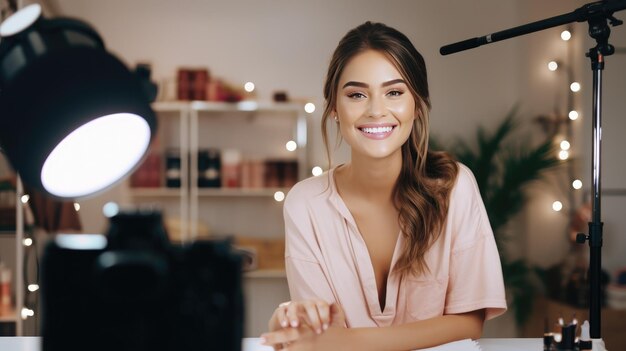 Photo une belle mannequin posant en studio en close-up la lumière clignote ai génératif