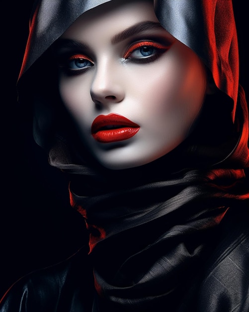 Belle mannequin turque en robes rouges, noires et orange avec un chapeau Fedora rouge, noir et orange