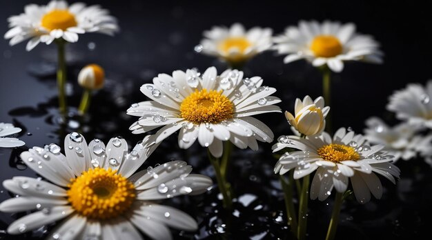 Belle marguerite de fleur et goutte d'eau sur fond noir créée