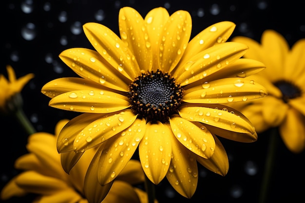 Belle marguerite jaune en gros plan sur fond noir