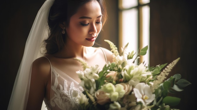 une belle mariée asiatique dans une robe blanche berçant un bouquet d'eucalyptus et de fleurs blanches