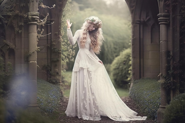 Belle mariée aux longs cheveux bouclés en robe de mariée blanche et couronne posant dans le jardin IA générative