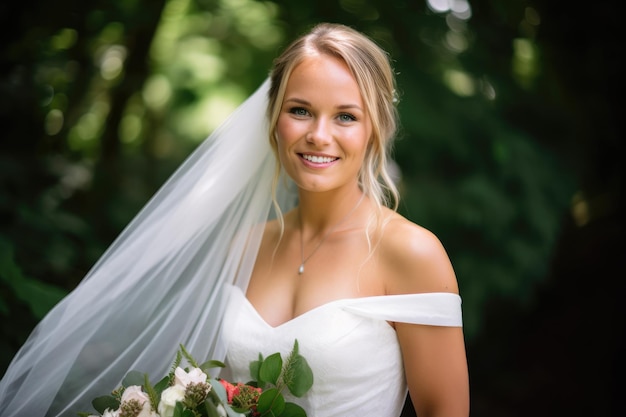 Une belle mariée debout seule et souriante à la caméra créée avec une IA générative