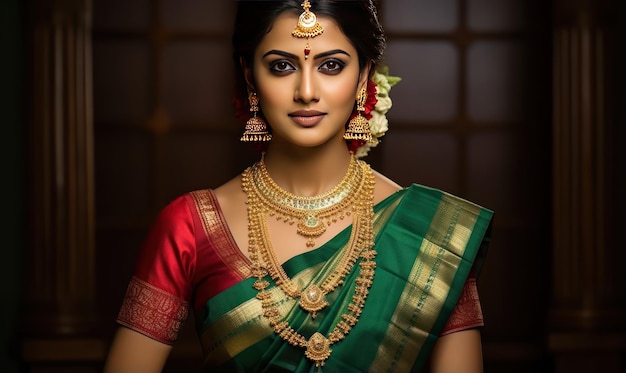 Une belle mariée du sud de l'Inde dans un sari kanjeevaram vert émeraude et rouge rubis avec un temple brillant...