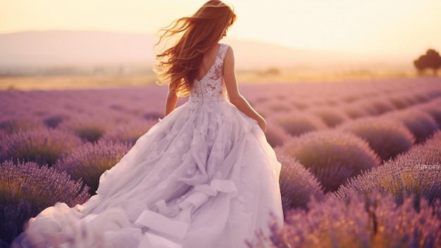 Photo belle mariée le jour du mariage dans un champ de lavande femme nouvellement mariée en fleurs de lavande