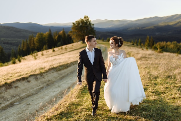 Belle mariée et le marié à la montagne