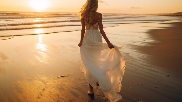 Belle mariée sur la plage au coucher du soleil Image générée par l'IA