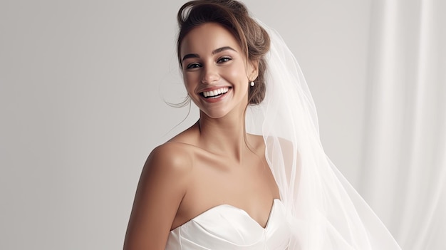 belle mariée en robe souriant joyeusement sur fond blanc