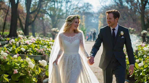 Une belle mariée avec son mari dans un parc.