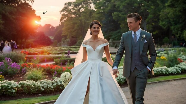 Une belle mariée avec son mari dans un parc.