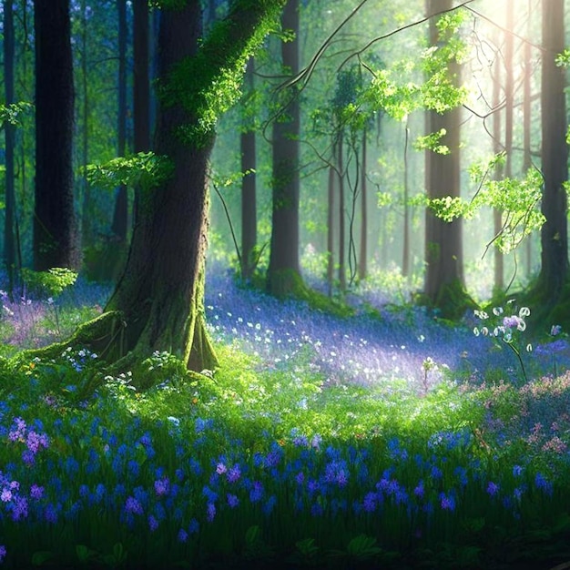 Belle matinée d'été ensoleillée dans la forêt magique forêt le matin au soleil arbres dans une brume de lumière brouillard brillant parmi les arbres