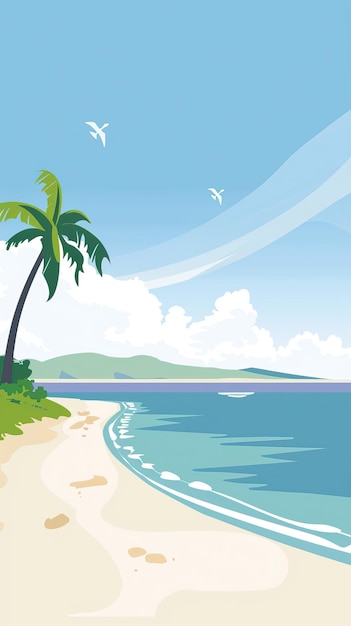 Belle mer d'été ou de printemps arrière-plan de style dessin animé plage de sable doré avec océan bleu et nuages