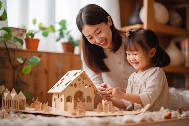 belle mère asiatique et sa fille jouant avec des jouets en bois