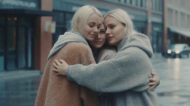 Une belle mère blonde et ses deux filles s'embrassent dans un parc d'hiver.