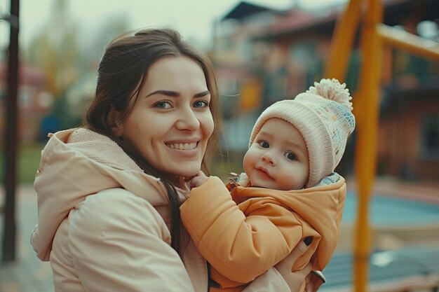 Une belle mère joue à l'extérieur avec son enfant et regarde la caméra.