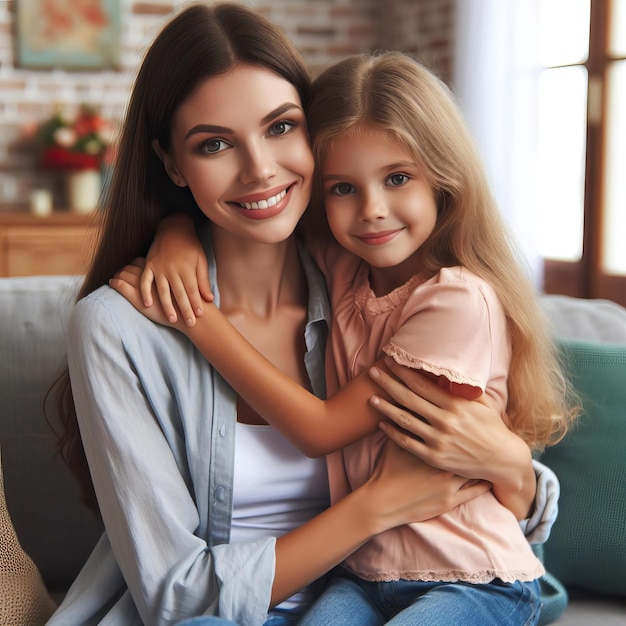 Une belle mère et sa fille s'embrassent et sourient alors qu'elles sont assises sur le canapé à la maison.