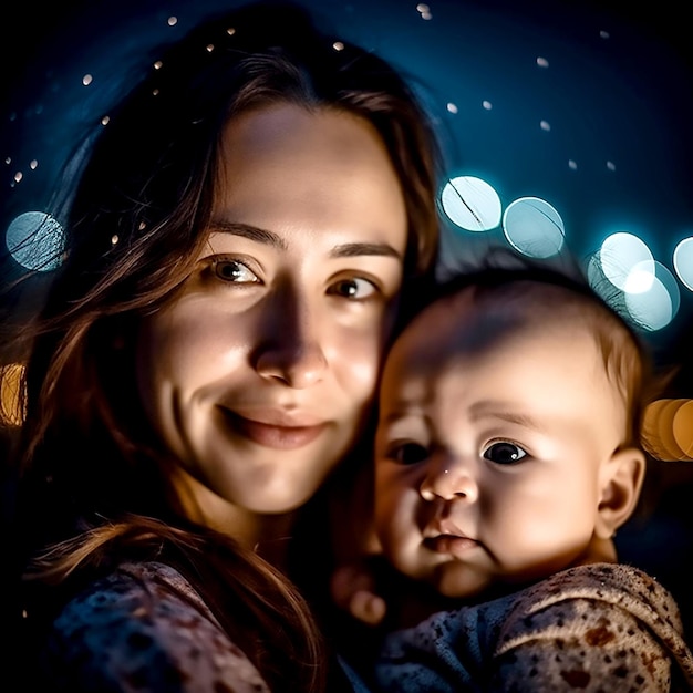Photo une belle mère et son mignon petit bébé sous les veilleuses bleues
