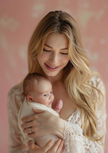 Une belle mère avec son nouveau-né sur un fond rose