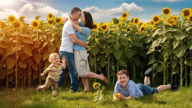 Photo une belle et mignonne famille dans un champ de tournesols