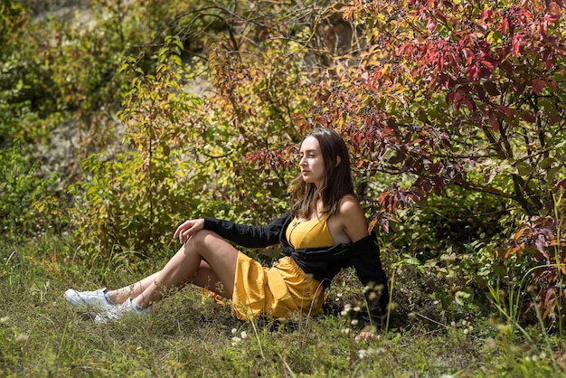 Belle et mignonne fille près d'un buisson de feuillage coloré dans une atmosphère d'automne de parc