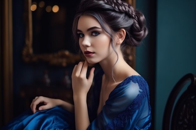 Belle et mignonne fille en robe bleue avec de belles coiffures et maquillage assis