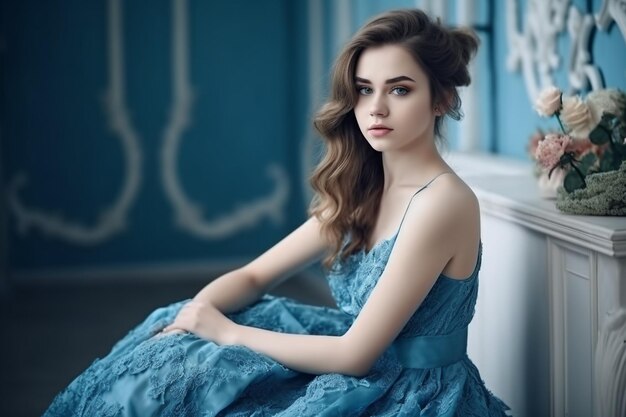 Belle et mignonne fille en robe bleue avec de belles coiffures et maquillage assis