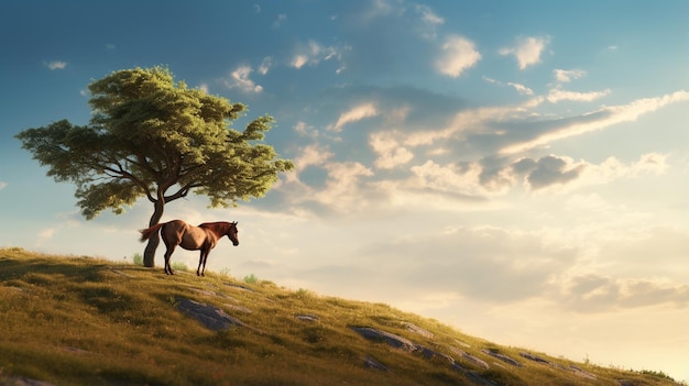 Photo belle montagne d'animaux perdus à cheval à côté de l'arbre image de photographie ai généré de l'art