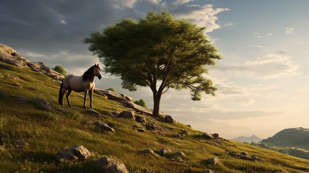 Photo belle montagne d'animaux perdus à cheval à côté de l'arbre image de photographie ai généré de l'art