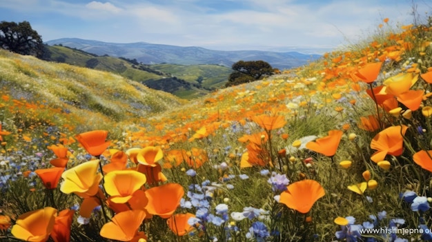 Belle montagne et forêt avec fond de fleurs