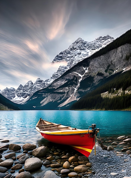 Photo belle montagne de paysage sur un lac avec un bateau