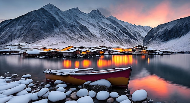 Belle montagne de paysage sur un lac avec un bateau