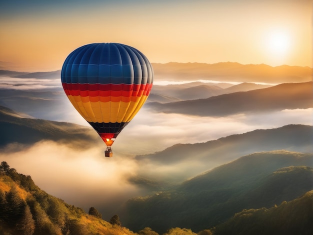 Photo une belle montgolfière colorée volant au-dessus de la montagne