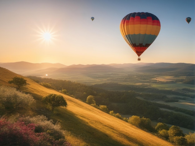 Photo une belle montgolfière colorée volant au-dessus de la montagne