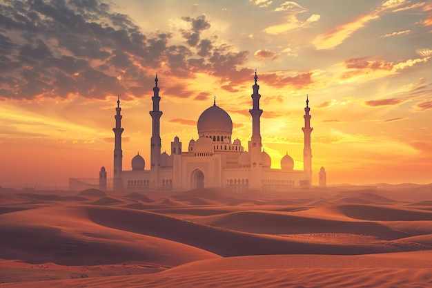 belle mosquée dans le désert de sable au coucher du soleil