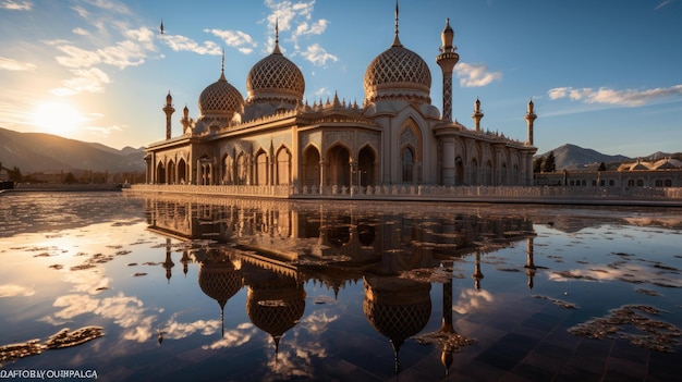 une belle mosquée dans un lac dans un beau cadre dans le style de la peinture matte très détaillée