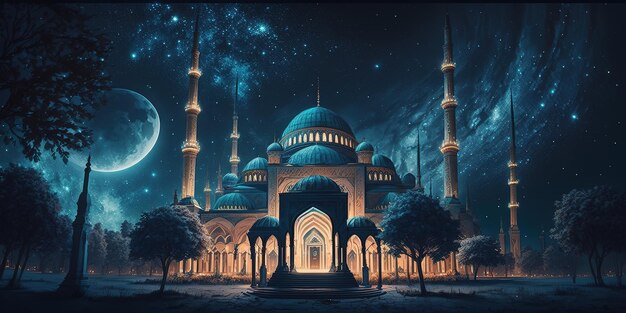 belle mosquée derrière la nuit étoilée