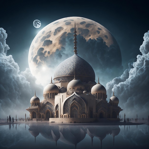 Belle mosquée avec fond islamique de lune AI générative