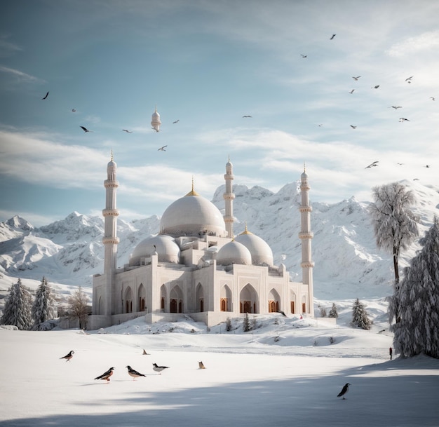 Photo belle mosquée à la lumière dorée avec le jour de la montagne