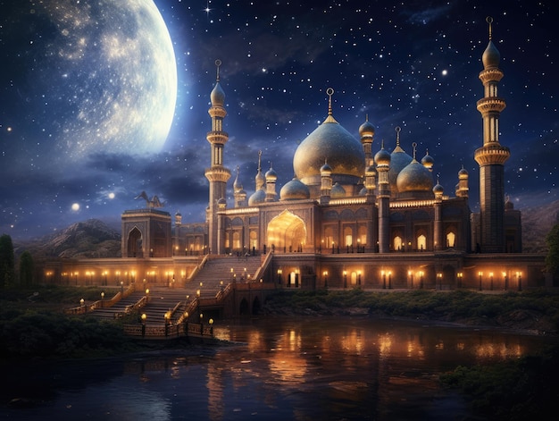 Une belle mosquée avec le meilleur fond de lune cinématographique pour les événements islamiques