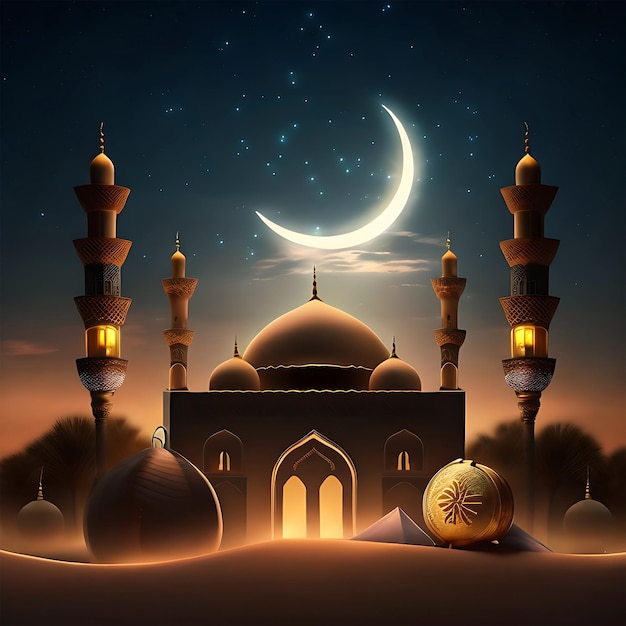 Une belle mosquée la nuit avec une lune pleine en arrière-plan