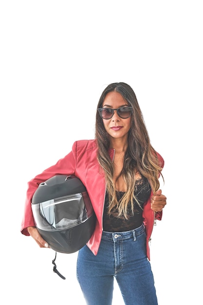 Une belle moto-cycliste avec un look moderne, un concept de femme puissante.