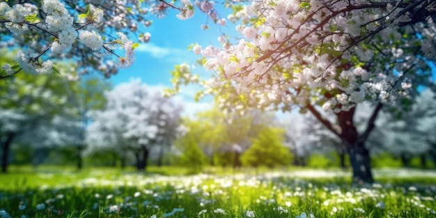 Belle nature de fond brouillée de printemps avec une clairière en fleurs