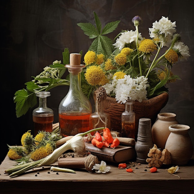 une belle nature morte avec des herbes médicinales